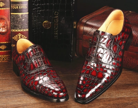 Mens Alligator Leather Cap-Toe Lace up Oxford Dress Shoes-Burgundy-1