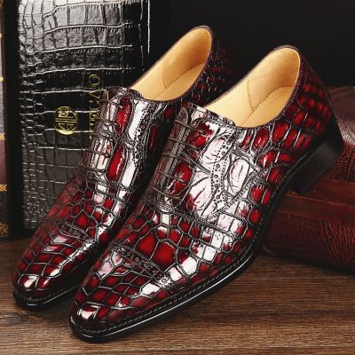 Mens Alligator Leather Cap-Toe Lace up Oxford Dress Shoes-Burgundy