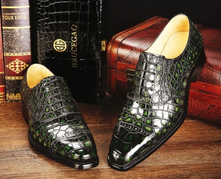 Mens Alligator Leather Cap-Toe Lace up Oxford Dress Shoes-Green-1