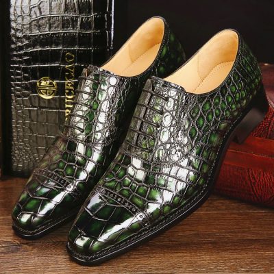 Mens Alligator Leather Cap-Toe Lace up Oxford Dress Shoes-Green