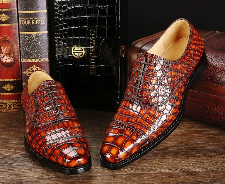 Mens Alligator Leather Cap-Toe Lace up Oxford Dress Shoes