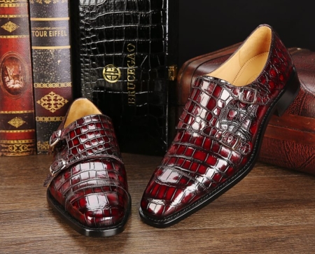 Men's Alligator Leather Double Buckle Monk Strap Cap-Toe Dress Shoes-1