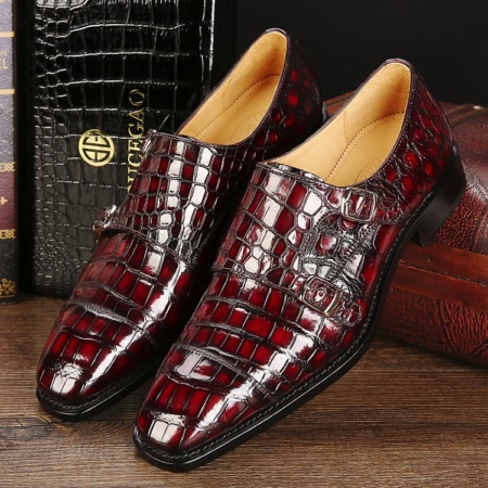 Men's Alligator Leather Double Buckle Monk Strap Cap-Toe Dress Shoes