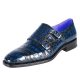 Men's Alligator Leather Double Buckle Monk Strap Cap-Toe Dress Shoes-Blue