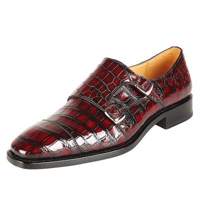 Men's Alligator Leather Double Buckle Monk Strap Cap-Toe Dress Shoes-Burgundy