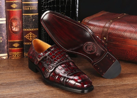 Men's Alligator Leather Double Buckle Monk Strap Cap-Toe Dress Shoes-Details