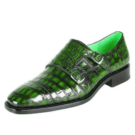 Men's Alligator Leather Double Buckle Monk Strap Cap-Toe Dress Shoes-Green