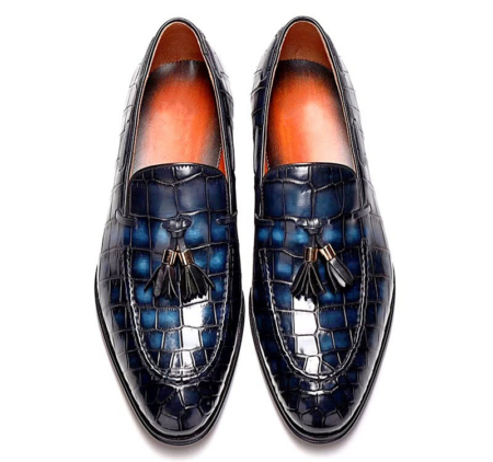 Alligator Leather Tassel Slip-On Penny Loafers-Blue