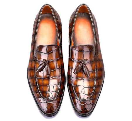 Alligator Leather Tassel Slip-On Penny Loafers-Brown