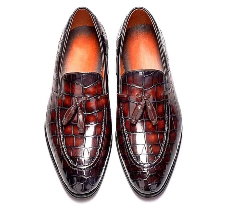 Alligator Leather Tassel Slip-On Penny Loafers-Burgundy