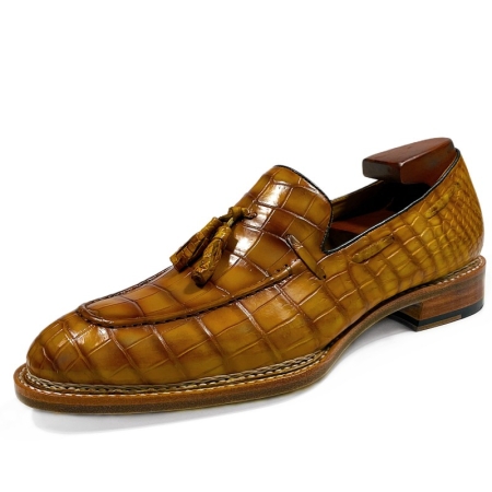 Alligator Leather Tassel Slip-On Penny Loafers-Tan