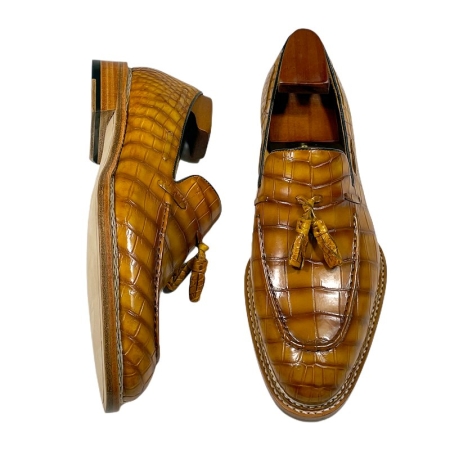 Alligator Leather Tassel Slip-On Penny Loafers-Tan-Details