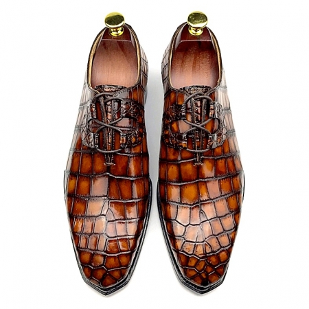 Alligator Leather Lace up Leather Lined Dress Shoes-Brown