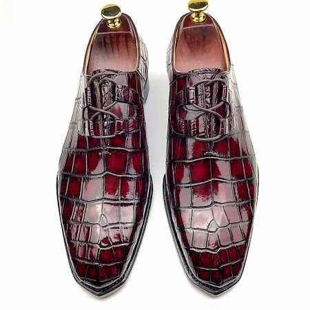 Alligator Leather Lace up Leather Lined Dress Shoes-Burgundy