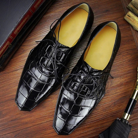 Handmade Alligator Leather Modern Classic Lace up Leather Lined Dress Shoes-Black-Display