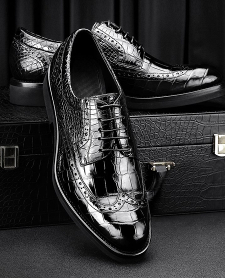 Mens Alligator Leather Dress Shoes Lace up Wingtip Brogue Shoes