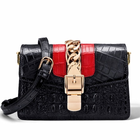 Stylish Crocodile Leather Strap Flap Shoulder Bag Crossbody Bag-Black