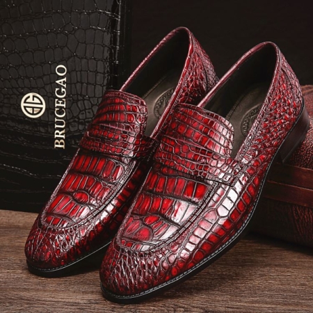 Handcrafted Genuine Alligator Leather Penny Slip-On Leather Lined Loafer-Burgundy