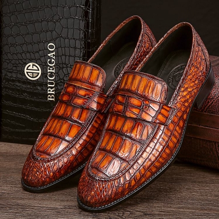 Handcrafted Genuine Alligator Leather Penny Slip-On Leather Lined Loafer-Cognac