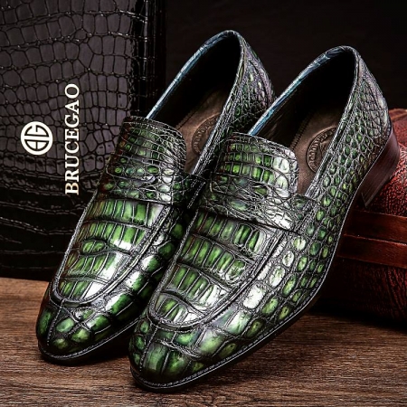 Handcrafted Genuine Alligator Leather Penny Slip-On Leather Lined Loafer-Green