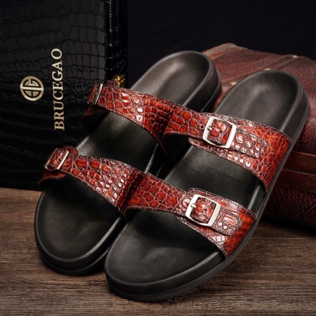 Unisex Alligator Sandals with Adjustable Strap Buckle-Cognac