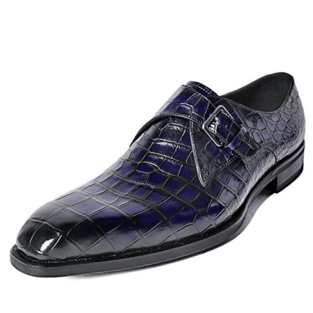 Alligator Monk Strap Slip-On Loafer Dress Shoes-Blue