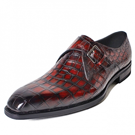 Alligator Monk Strap Slip-On Loafer Formal Business Dress Shoes-Burgundy