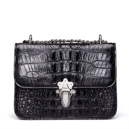 Crocodile Leather Strap Flap Purse Shoulder Bag With Chain Strap-Black