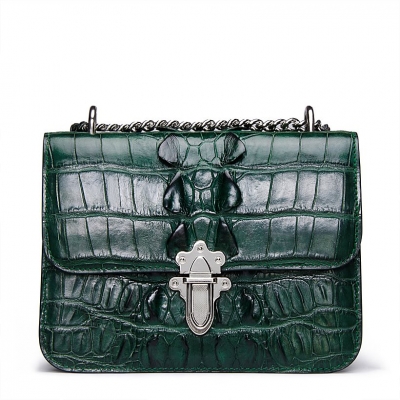 Crocodile Leather Strap Flap Purse Shoulder Bag With Chain Strap-Green