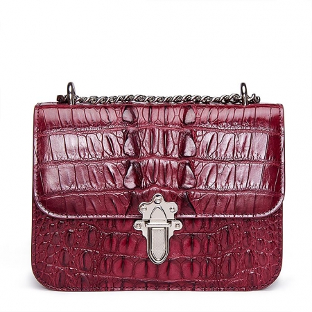 Crocodile Leather Strap Flap Purse Shoulder Bag With Chain Strap-Maroon