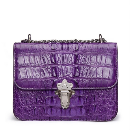 Crocodile Leather Strap Flap Purse Shoulder Bag With Chain Strap-Purple