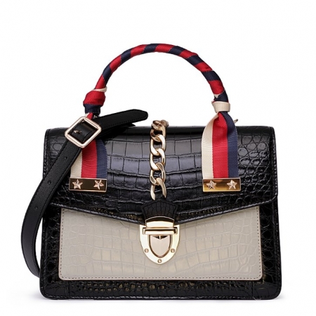 Designer Alligator Skin Shoulder Handbags Crossbody Bags with Gold Hardware-Black
