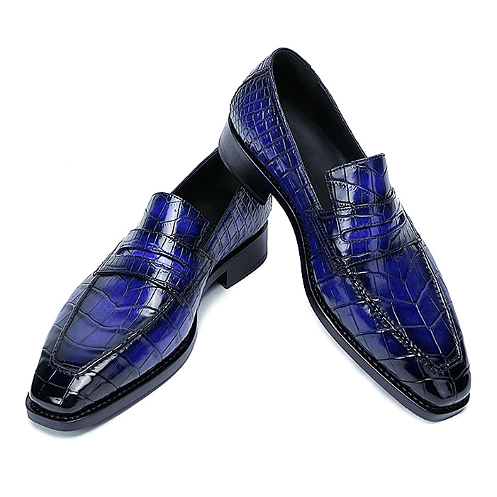 Handmade Men Blue Crocodile Textured Leather Moccasin Dress Shoes for Men,  Men Blue Formal Dress Shoes