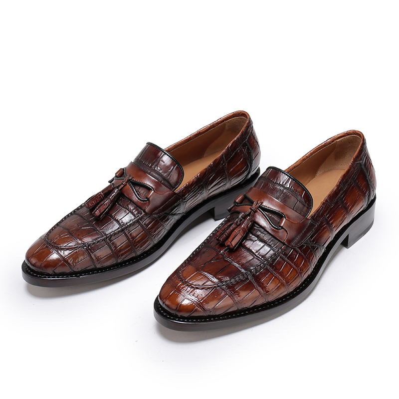Men Dark Brown Alligator Leather Loafers Slip-On | Crocodile Hornback Skin Exotic Dress Shoes | SH123O, Dark Brown / 6.5