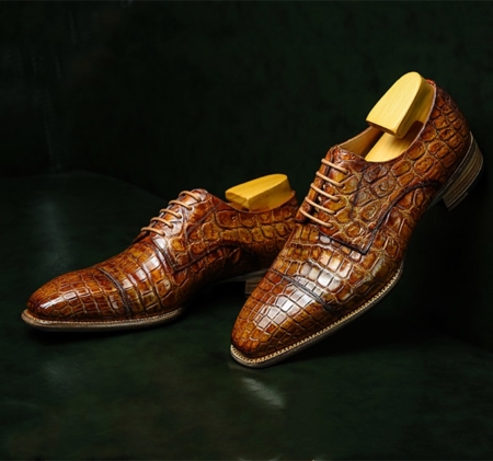 Mens Alligator Leather Cap-Toe Derby Leather Lined Dress Shoes