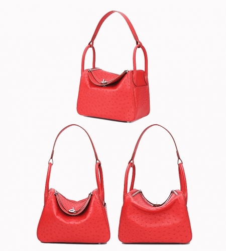 Genuine Ostrich Handbags Shoulder Tote Organizer Top Handle Bags-Red