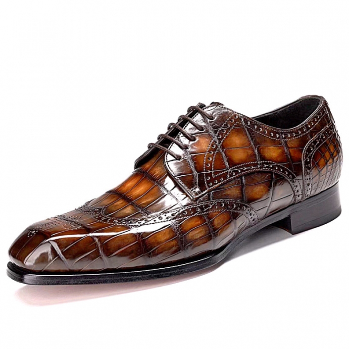 Alligator Hand-Painted Wingtip Derby Shoes Brogue Dress Shoes for Men