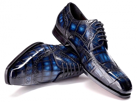 Alligator Hand-Painted Wingtip Derby Shoes-Blue-1