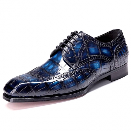 Alligator Hand-Painted Wingtip Derby Shoes-Blue