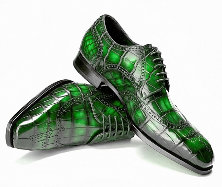 Alligator Hand-Painted Wingtip Derby Shoes-Green-1