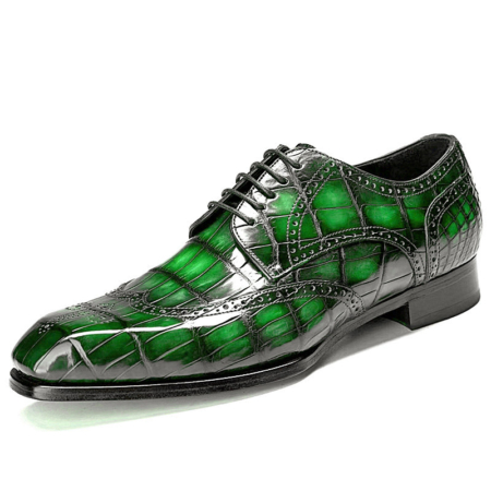 Alligator Hand-Painted Wingtip Derby Shoes-Green