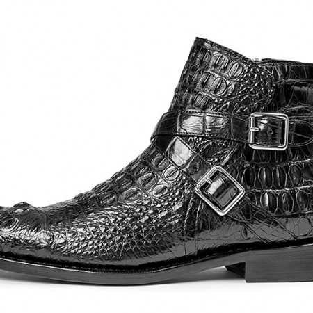 Crocodile Hornback Skin Zipper and Buckle Ankle Boots-Side