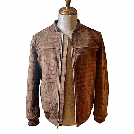 Stylish Suede Crocodile Leather Bomber Jackets - Brown