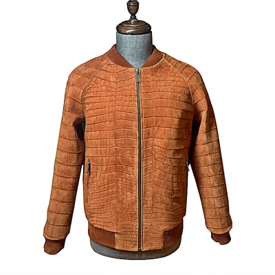 Stylish Suede Crocodile Leather Bomber Jackets - Tan