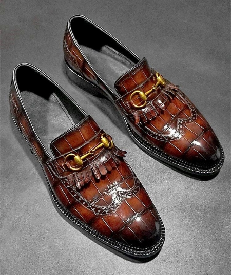 Formal Alligator Shoes, Alligator Wingtip Bit Penny Loafer for Men