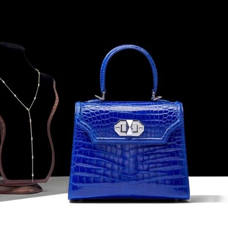 Designer Alligator Skin Handbags Turn Lock Shoulder Bags-Blue