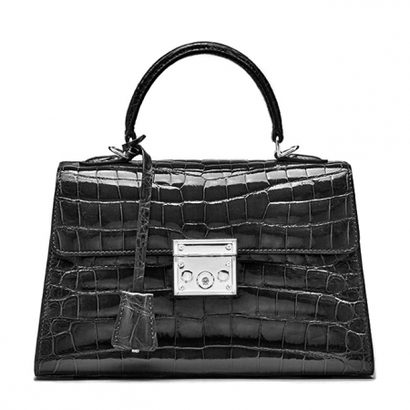 Ladies Alligator Top Handle Bags Padlock Handbags-Black