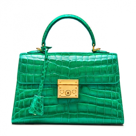 Ladies Alligator Top Handle Bags Padlock Handbags-Green