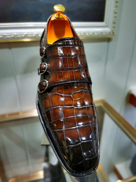 Alligator Triple Monk Strap Slip-on Loafer Cap Toe Shoes-Brown-Upper