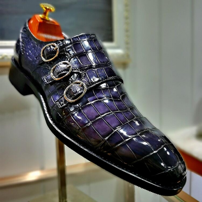 Casual Alligator Leather Triple Monk Strap Slipon Loafer Cap Toe Shoes